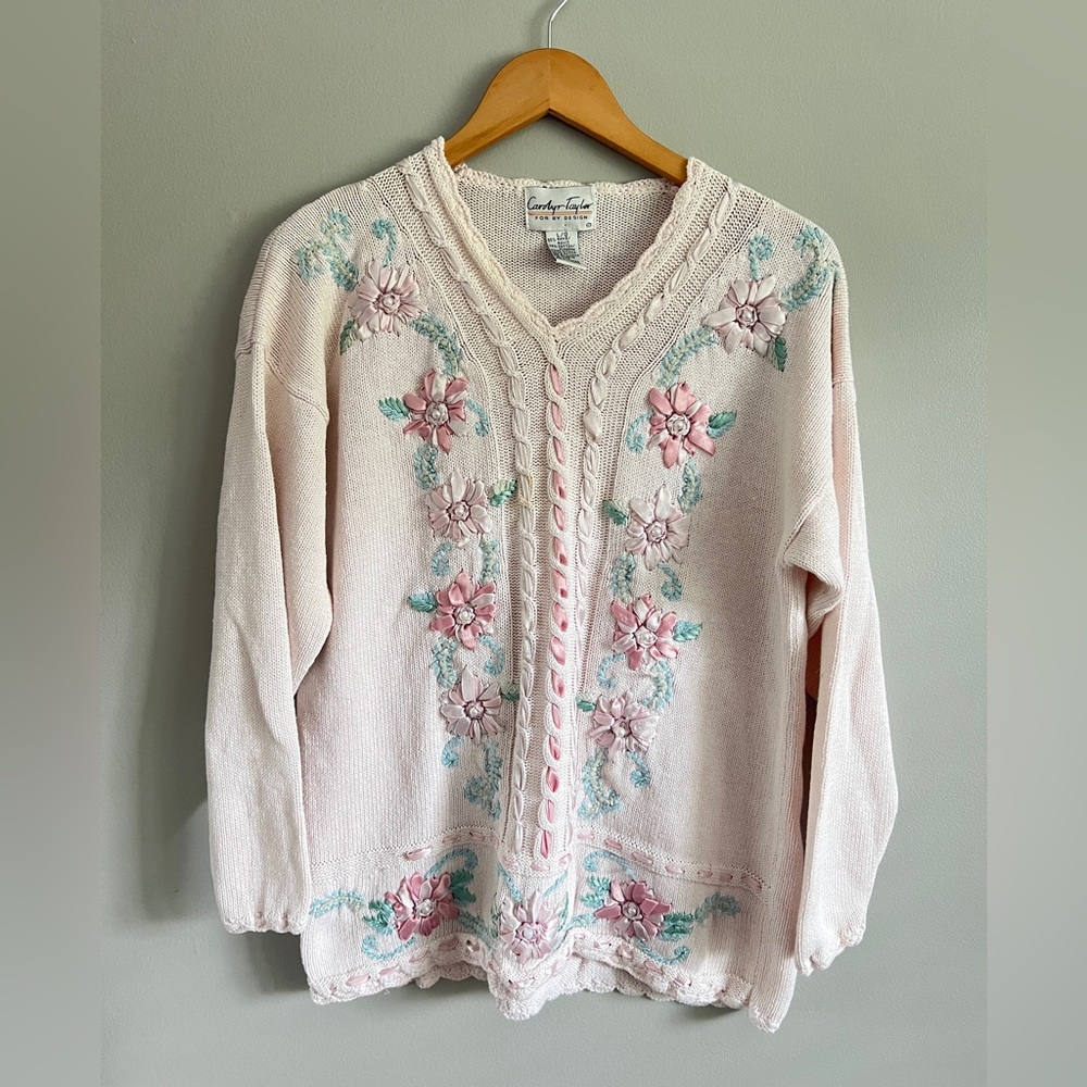 Carolyn Taylor Vintage Floral Embroidered Cardigan Creamy Pink